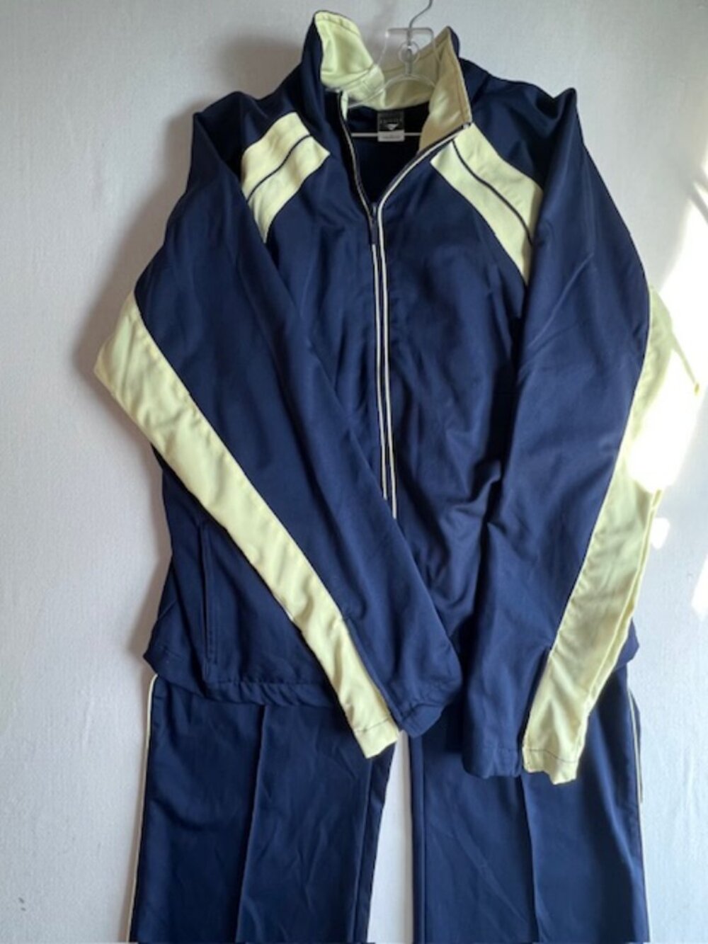 VTG Cheetah 90s Tracksuit Set Women L Navy Blue‎ Yellow Zip Jacket Elastic Pants